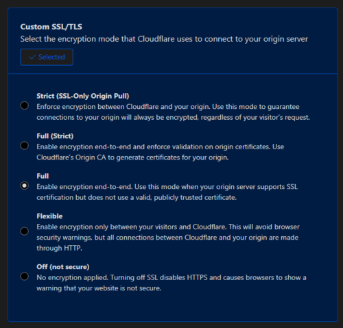 Screenshot of Cloudflare SSL/TLS Settings