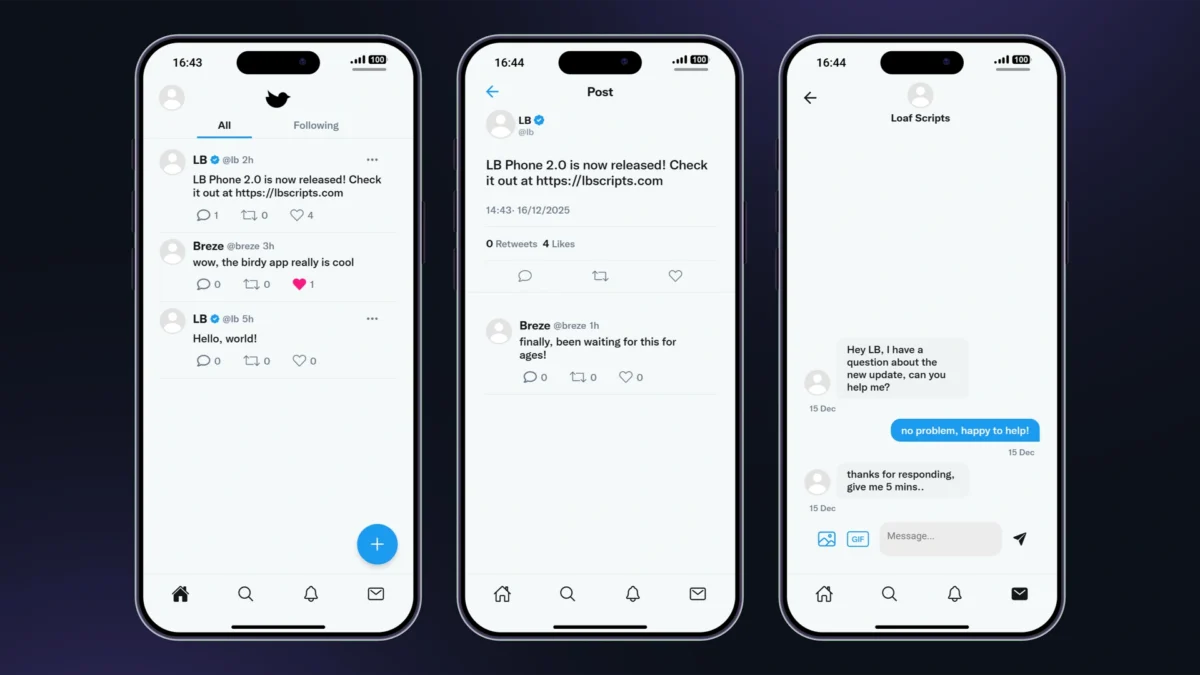 Interface do aplicativo social Birdy do LB Phone v2