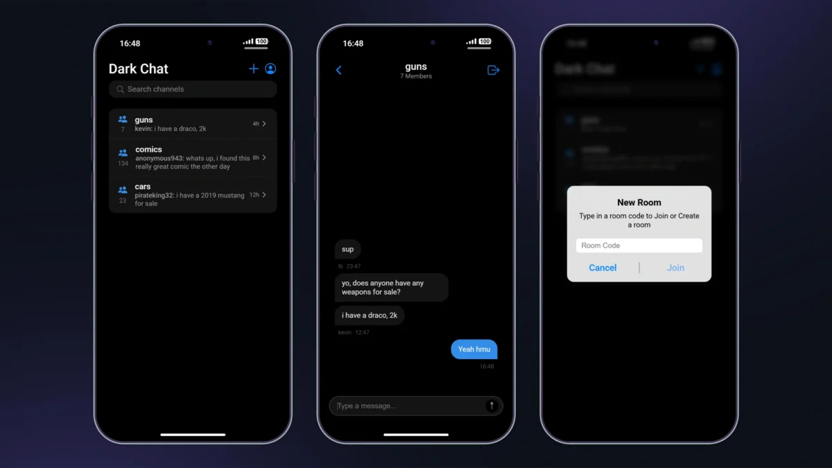 Interface do aplicativo DarkChat do LB Phone v2