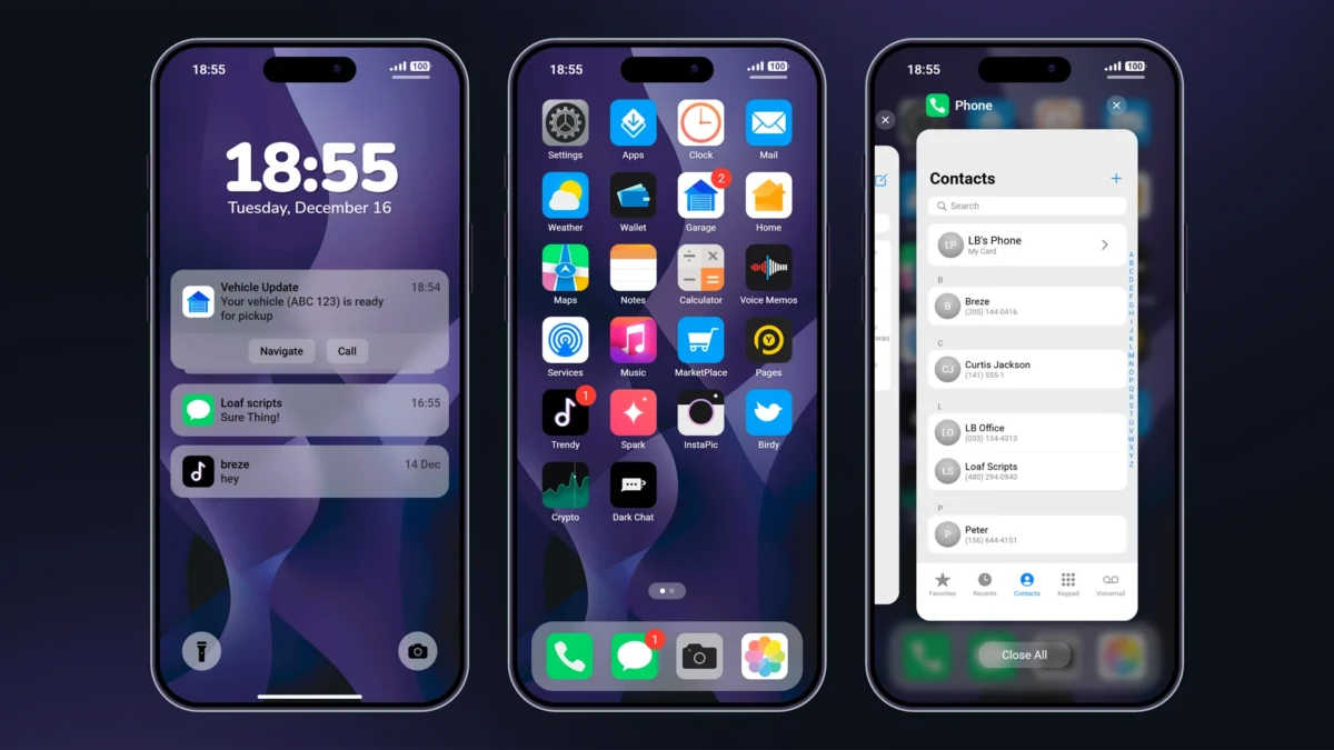 Tela de bloqueio do LB Phone v2 OS com Dynamic Island e tela de configuração