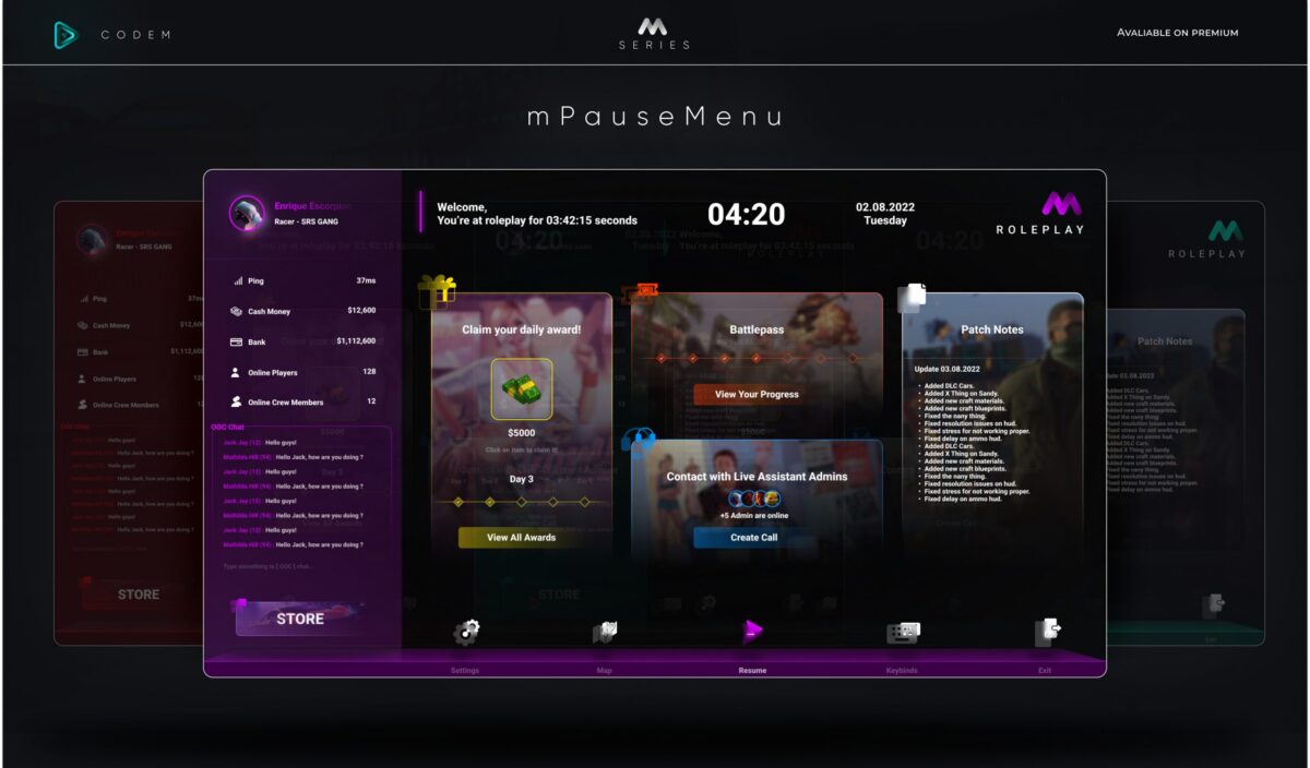 CodeM mPausemenu — Advanced Pause Menu CodeM mPausemenu — Menú de pausa avanzado FiveM vista previa del recurso