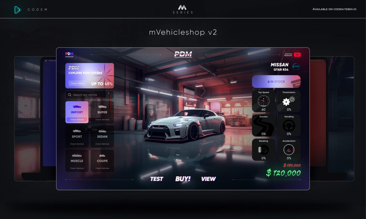 CodeM mVehicleShop — Advanced Vehicle Dealership CodeM mVehicleShop — Concesionario de Vehículos Avanzado FiveM vista previa del recurso