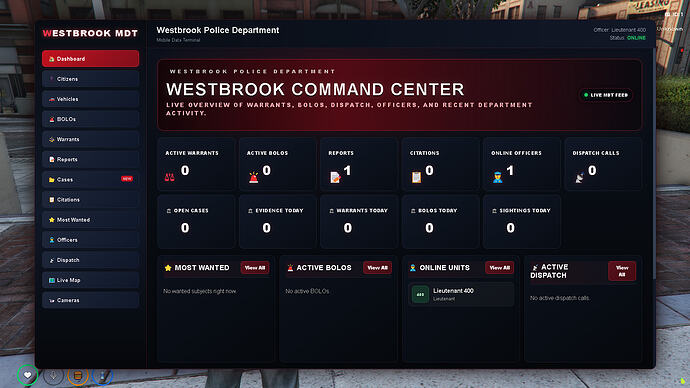 Centro de comandos de interfaz MDT Westbrook para FiveM