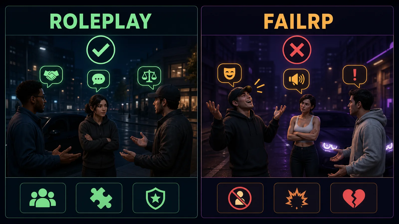 Comparación del roleplay creíble y el comportamiento disruptivo FailRP