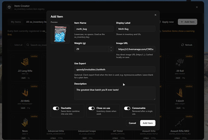 spoodyItemCreator | Herramienta de creación de objetos en el juego para ox_inventory
