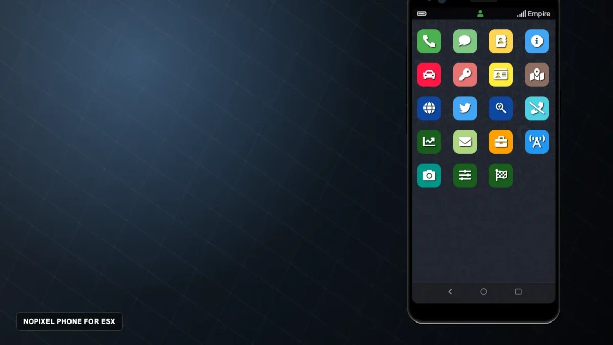 NoPixel Teléfono para ESX vista previa con cuadrícula de aplicaciones en la pantalla de inicio y marco del teléfono
