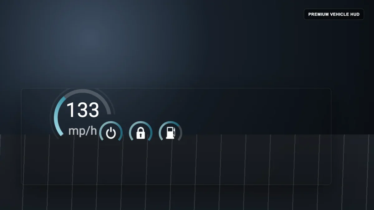 Vista previa de Vehículo Premium HUD con indicadores de velocímetro, motor, bloqueo y combustible