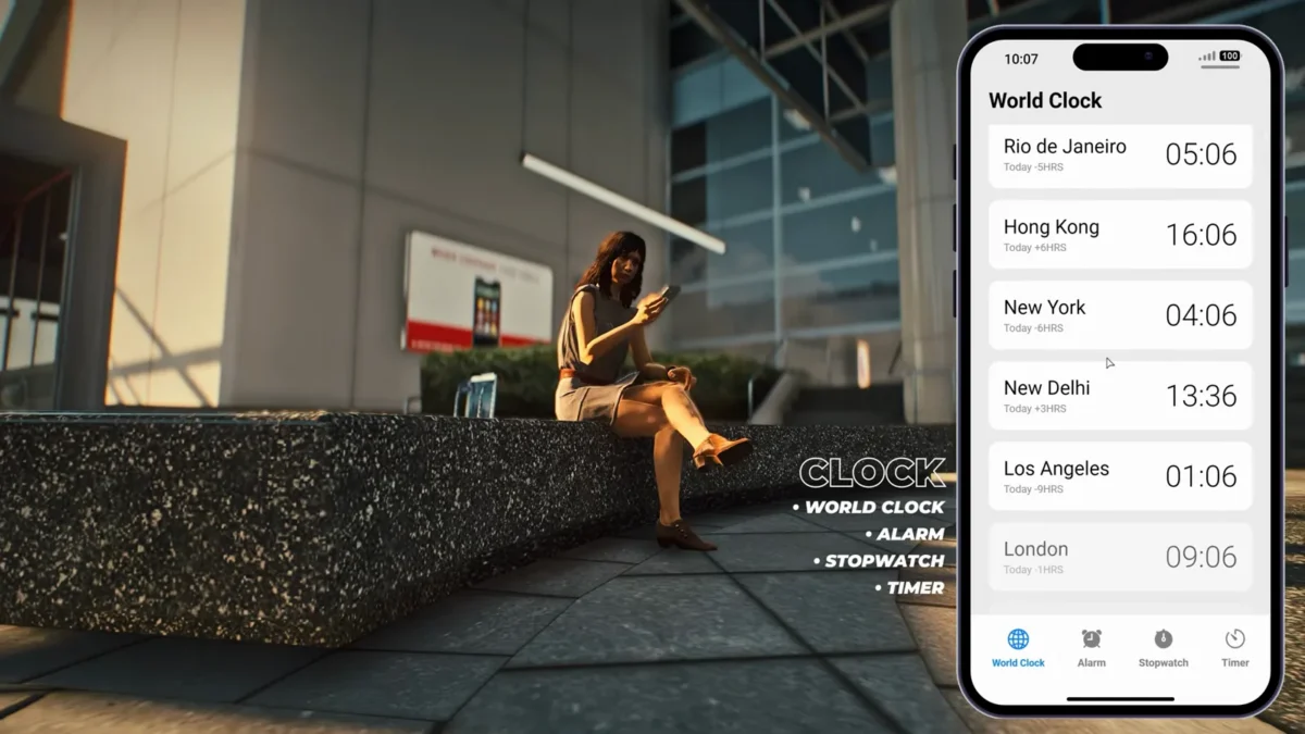 LB Phone v2 interface de relógio mundial mostrada no vídeo oficial do produto