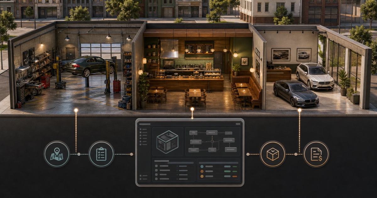 Interior de negocio FiveM con paneles de configuración de trabajo, inventario y facturación