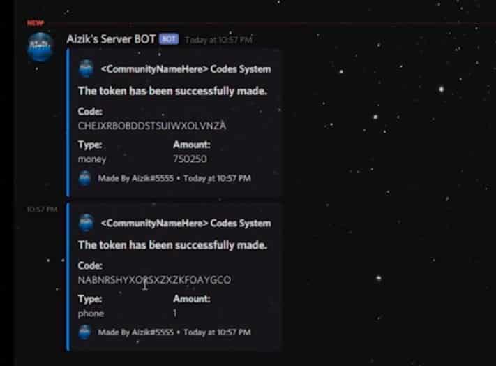Mensajes del bot Discord mostrando códigos de canje de FiveM generados