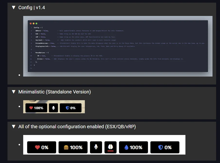 Configuración y vista previa de la interfaz para un FiveM HUD minimalista