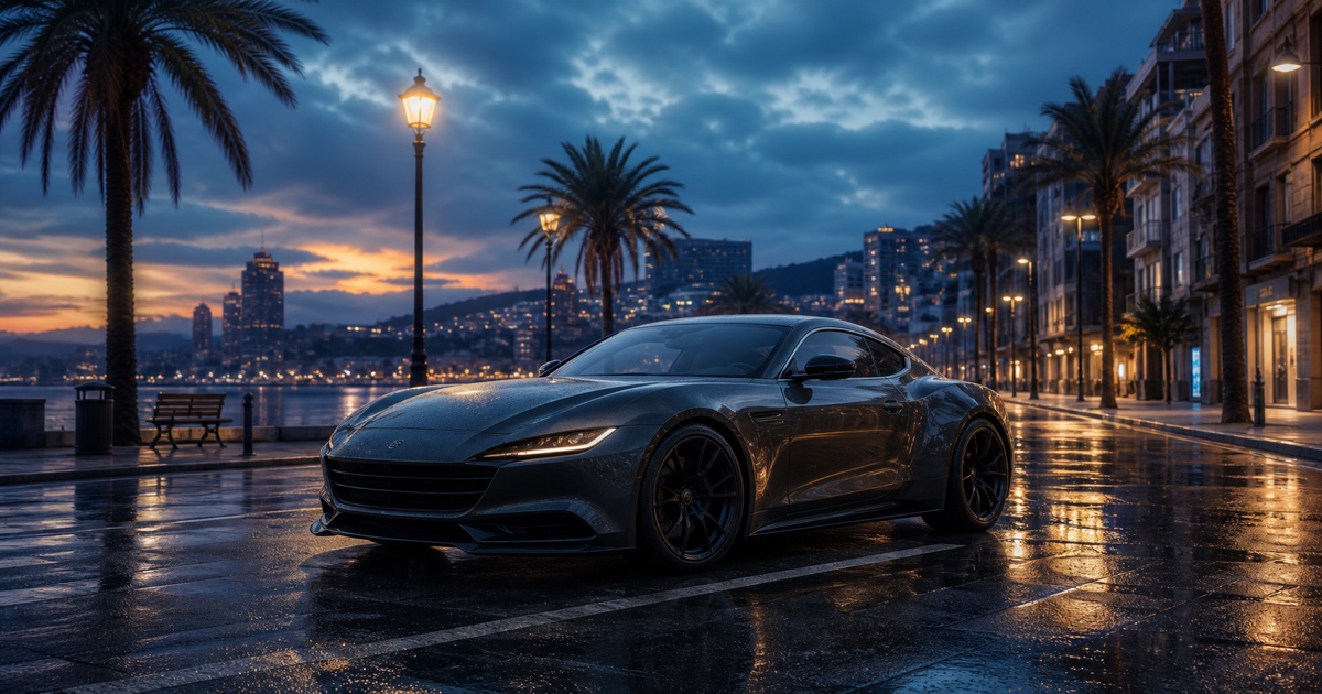 Ciudad costera estilizada de FiveM con un coche deportivo e iluminación cinematográfica